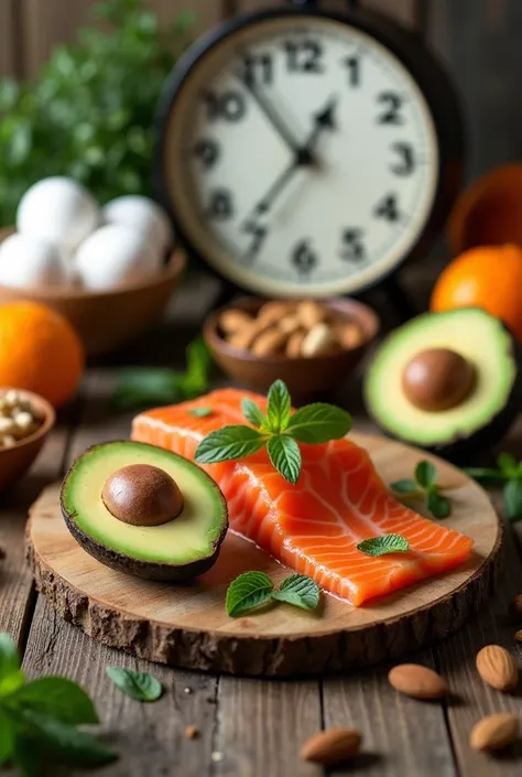  The image presents a carefully arranged composition on a rustic wooden surface ,  highlighting typical ketogenic diet foods . in the center,  is a wooden board with a slice of fresh salmon decorated with mint leaves and surrounded by an avocado cut in hal...