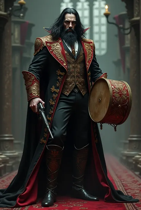 Full body and legs . Vampire - Baron .  long black hair.  Careful beard .  Bloody jacket ,  decorated with gold accents.  A thick barrel holding a revolver in his hand, a drum with magic patterns .