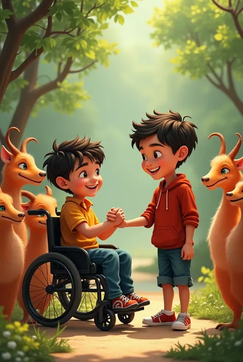 Felipe, a normal boy and a boy named Nico who is in a wheelchair, shaking hands with a smile.,  surrounded by some ren who also smile .