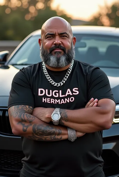 a fat, Arab guy with big silver jewelry, a black BMW M2 G87 with a Gucci outfit and on the t-shirt written Duglas hermano