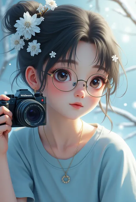 Draw a girl in a blue t-shirt wearing snow flowers and a camera handle wearing glasses