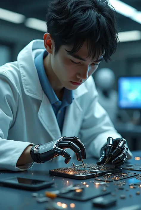 I would like the young scissor hands repairing a cell phone in his laboratory set to the movie that is an Android please that is not the young scissor hands the young man hands of scissors by Tim Borton laboratory set in the movie
