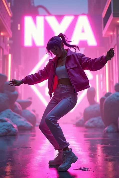 An image with NYA DANCE on it 
In futuristic letters with an air of 2000 in pink and silver 