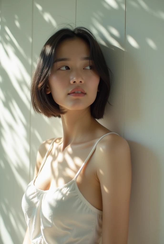  : A close-up young thai woman standing gracefully against a white wall, her posture relaxed as dappled sunlight filters through the leaves above, casting soft shadows and patterns across her face and body. She gazes thoughtfully, with a serene expression,...