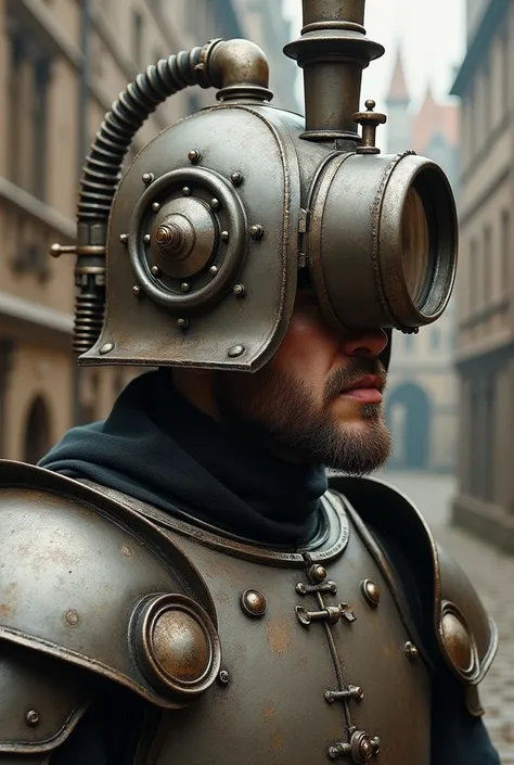 Oil painting. a photo of a man in an intricate helmet inspired by the crazy Middle Ages, made of metal in the shape of a steam locomotive, a steam locomotive pipe is visible from it, a visor in the shape of a steam locomotive buffer in medieval armor, shot...