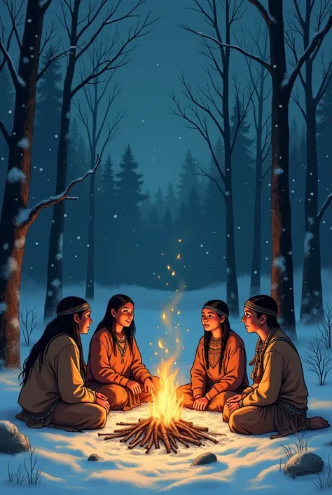 A drawing of 4 Native American ren sitting around a camp fire in a snowy forest like a book cover
