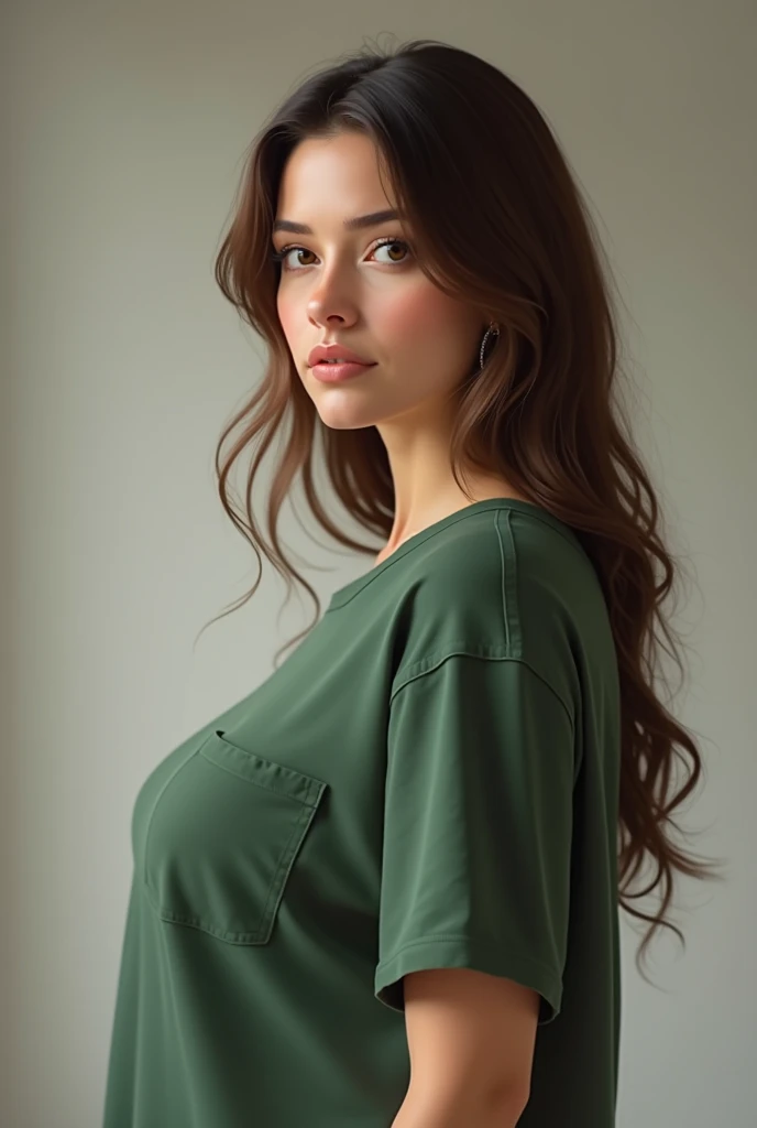 Picture of women in her 30s with huge boobs, green t-shirt with a little pocket in the left side, shes white, dont look like she had plastic surgery and dont have makeup .

Bigger boobs

Isnt fat