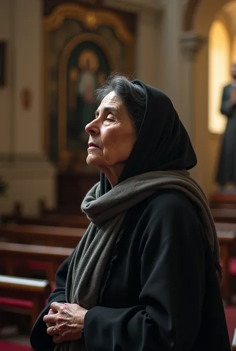  a 75-year-old woman , black haired, da romenia,  wearing a scarf around his head , inside an Italian Catholic chapel , I see a statue of Saint Pio of Pietrelcina in a corner of the church