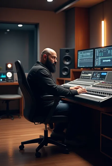  Put a picture where in the recording studio its about mixing mastering.  Should look modern .  The person in the chair should resemble me . black full beard. bald. Build a bit wider  