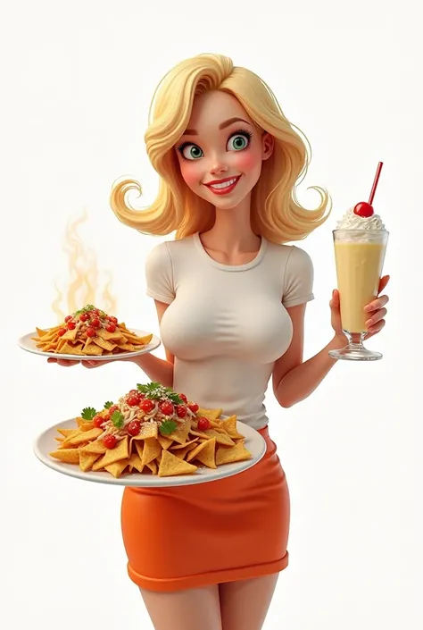 Huge Busty smiling blonde slim waiteress wearing a white tight t shirt and orange mini skirt white hackground serving nachos with topings and a vanilla milk shake with cream and a cherry