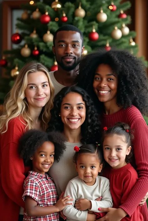  Christmas background family .  Christmas dresses .  They stand in front of the Christmas tree .  To photograph three sisters, one with white skin, blonde hair, 45 years old. Height 1 . 63 centimeters Curly .  And serious face .  A thick 43 year old sister...