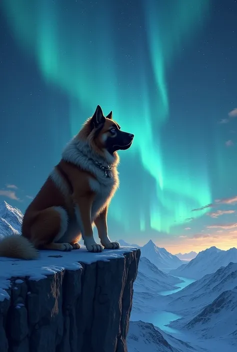  A dog crossed Patou and know Bernard sitting from the back on the edge of a cliff. He looks at the starry sky  .   In the distance we see the word Everste Neige  .  There are aurora borealis  