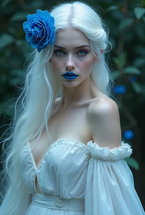 A beautiful woman with long white hair and blue eyes, wearing a gothic white dress and a blue rose in her hair with blue lipstick.hdr, 8k, ultra realistic.