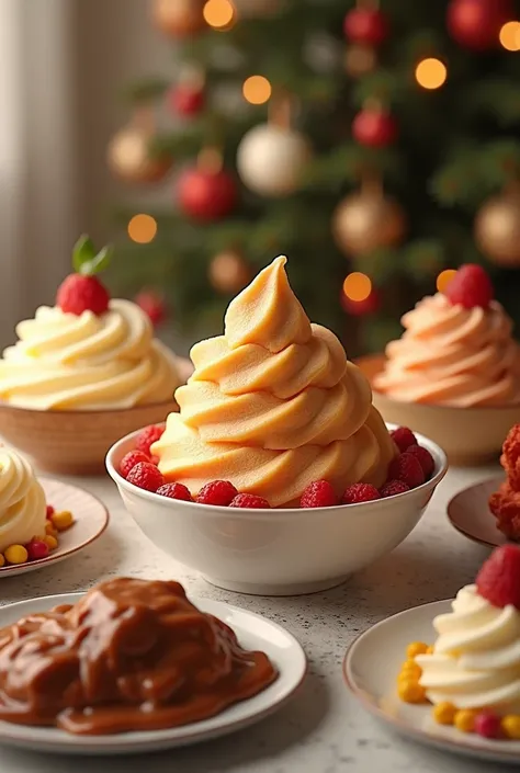 A festive table filled with ice cream dishes shaped like turkey, mashed potatoes, and gravy.