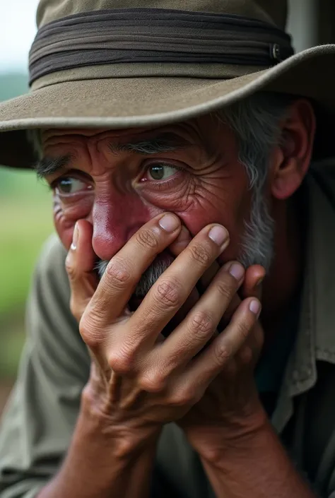 50-year-old farmworker man crying with one hand on his face 