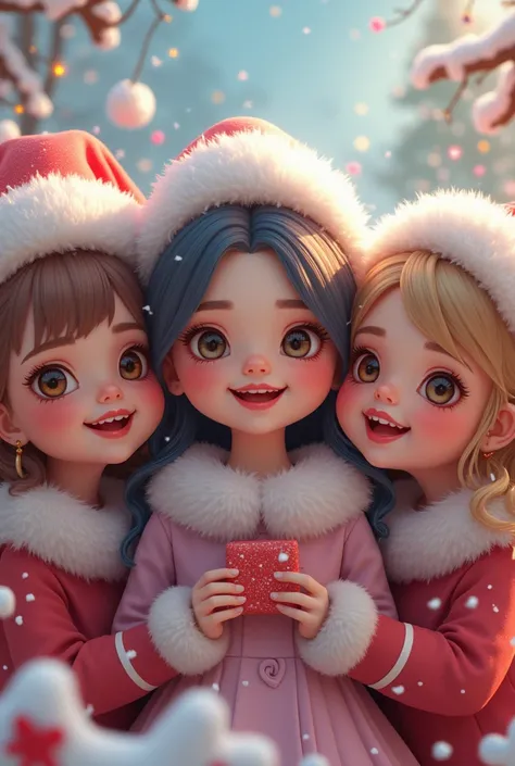 happy Christmas, happy cute girls, adorable , girls, beautiful detailed face, beautiful detailed eyes, beautiful detailed lips, long eyelashes, smiling, happy expression, friends, Christmas, colorful, vivid colors, fantasy, digital painting, concept art, h...