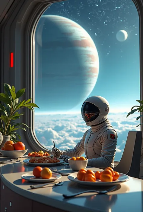 Breakfast at a space station watching Venus in a suite eating exotic fruits