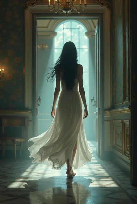 A black-haired girl in a long white nightgown with a groundbreaking back walks in the mansion