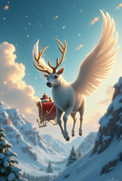 Reindeer with feathery wings soaring through the sky pulling Santa’s sleigh.