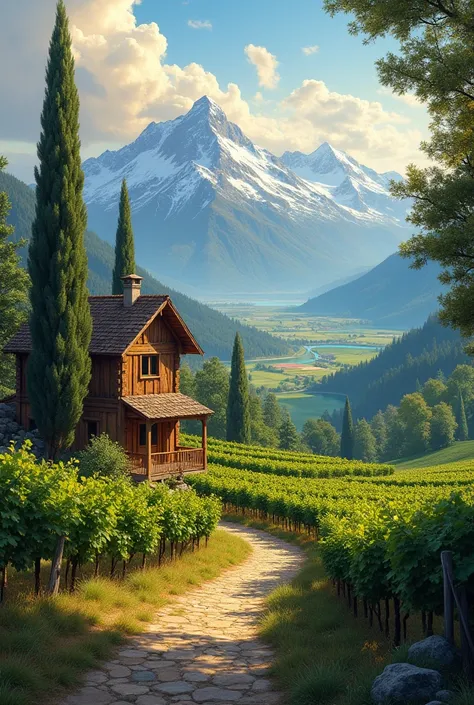 A beautiful landscape painting with a hut nestled in a vineyard at sunrise. The stone path leads through the vineyard, surrounded by lush grapevines. In the distance, snowy mountains rise majestically against the horizon. The landscape is dotted with tall ...