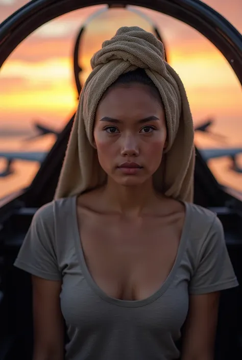 Hyper realistic ultra wide shot photography of 28 year old pretty malay woman with straight face in F18 Hornet cockpit with towel tied on head and wearing lose t-shirt and towel on both shoulders during sunset with multiple F18 Hornet visible in background...