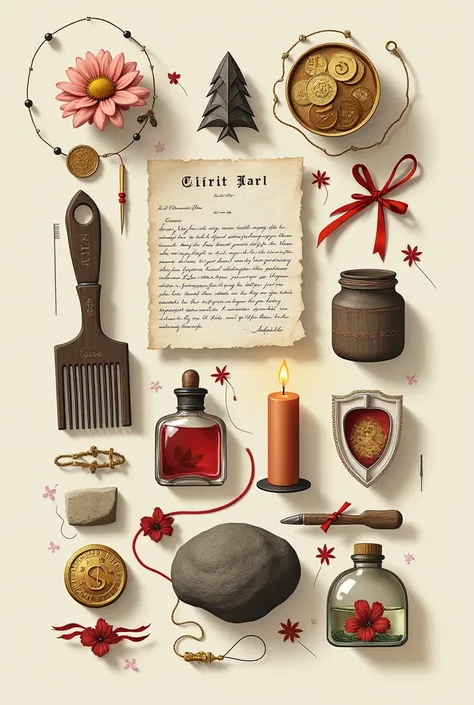  Image of a collage with the following elements,  following todays aesthetics ; a comb  , a letter written  , coins ,  a potion in a glass jar , a thread and needle  , a mirror ,  a cord , a gold chain , a lit candle , a red ribbon  ,   a loose flower and ...