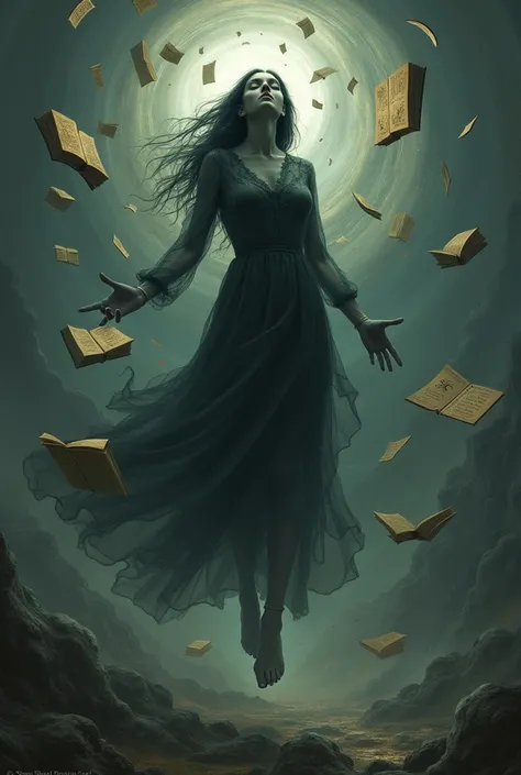 An illustration of a woman who is blacked out due to the spell and is flying by some magical force 
Around her should be books flying 
Dark theme 