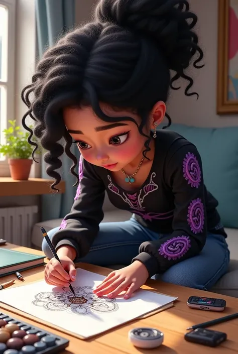 A teenage girl drawing 3d drawing her big black ringed hair , Lower your eyes DARK pants light jeans and a cool black blouse with purple and white details a bit chubby round face  
