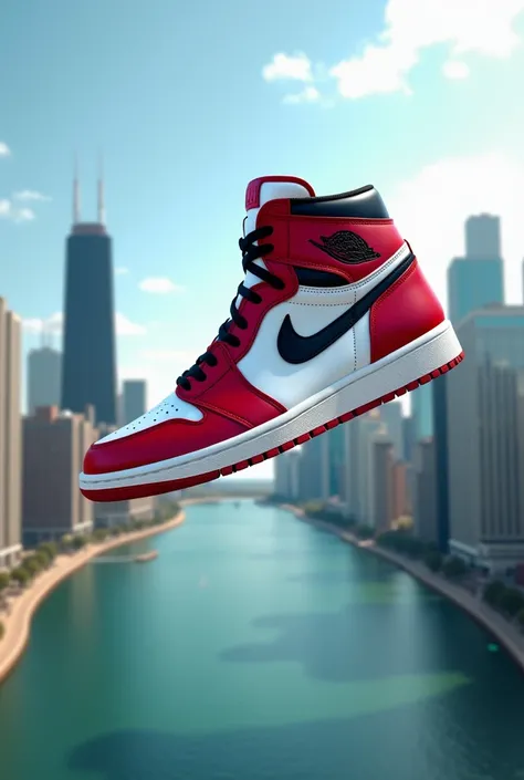 La nike air Jordan 1 high coloris Chicago lost and found en apesanteur sur fond de la ville de Chicago USA côté lake 