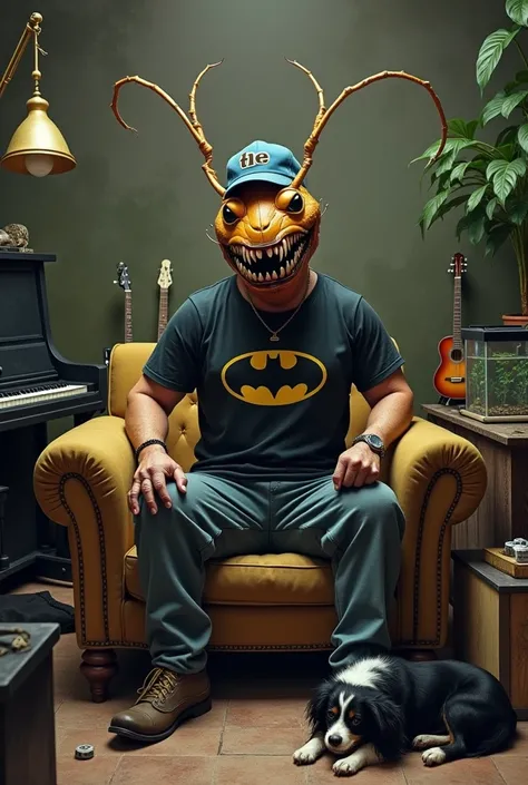 un homme anthropomorphe avec une vraie tête de fourmi les dents cassées une casquette sur laquelle est écrit LA, un t-shirt de Batman. un style étrange bizarre lugubre burlesque dégueulasse sombre il est assis sur un canapé il y a un piano noir une télé à ...