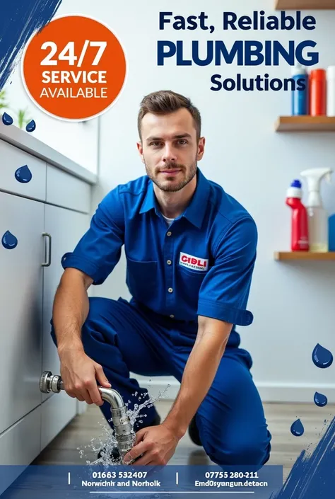 Background: A well-lit utility room with white or light-colored walls, showcasing shelves with cleaning supplies and tools. The focus should be on a burst pipe, with water visibly spraying out.

Plumber: A professional plumber dressed in a blue uniform wit...