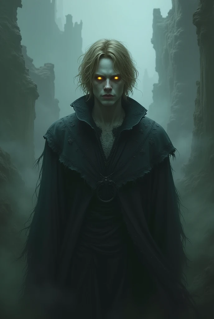  man with light brown hair and yellow eyes, pale skin. dark fantasy 
