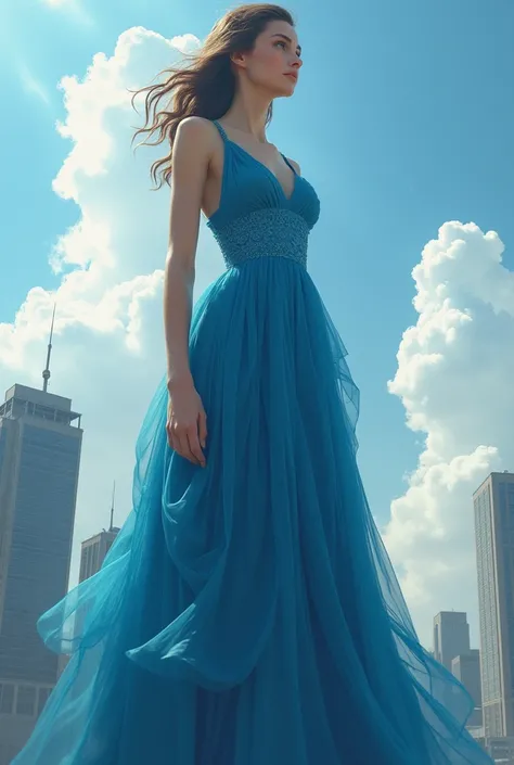 A girl wearing a blue dress is bigger than a skyscraper