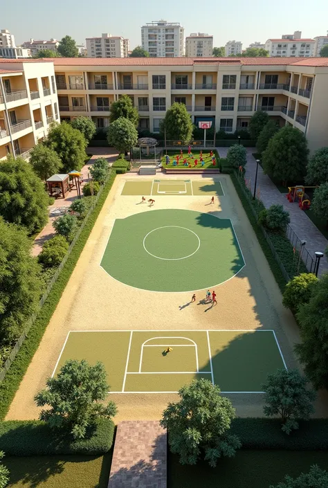 " A multi-use space located in a small inner city ,  with a functional design .  In the central area a society court with synthetic grass ,  a sand court ,  where sports such as beach volleyball and beach tennis . next to,  an x3  (three against three ),  ...