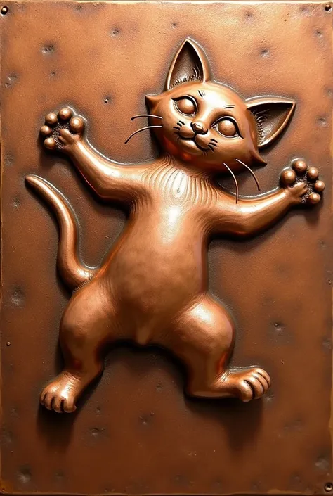 Copper relief art, cute Jumping Cat, shining glossy plated, contrasts of light and shadow, best quality