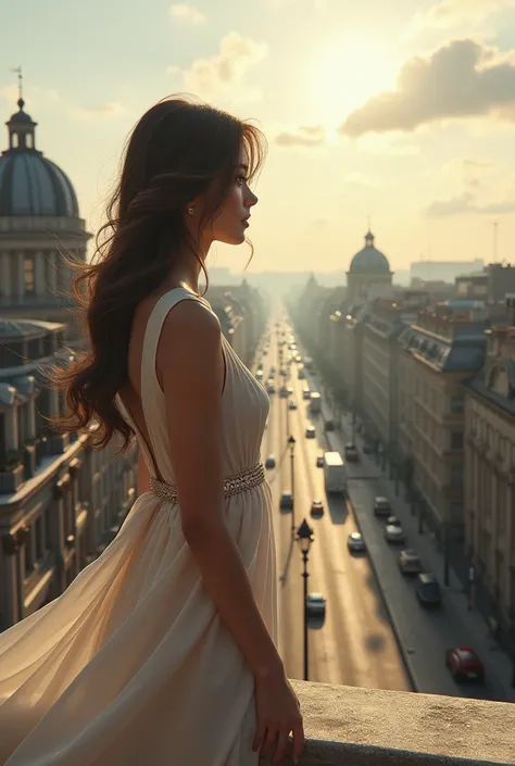 A woman on roof looking street beautiful man