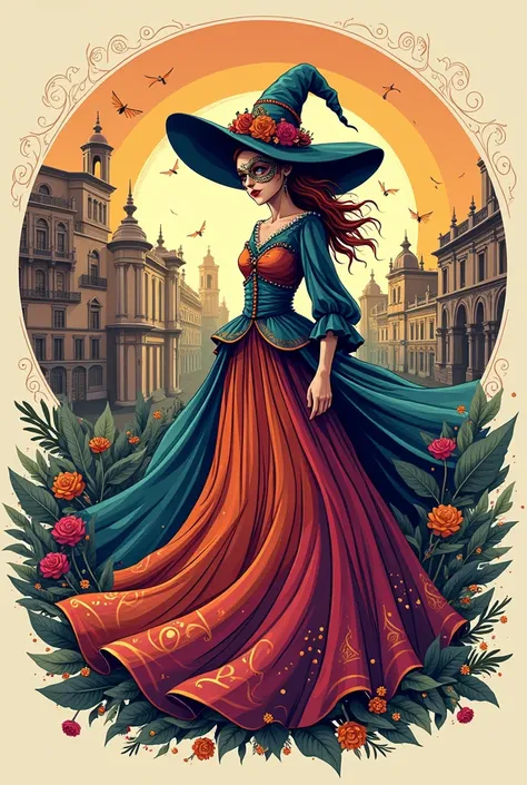 circular illustration of a carnival witch with the city of Badajoz in the background