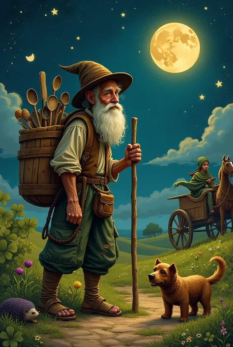 Old peddlar with backbag of saucepans, spoons, baskets. Pilgrims staff, dirty clothes, no shoes, dog, pant with holes, horse, chariot, wheel, moonshine, shooting stars, crescent moon, hedgehog, flowers, tree, clover