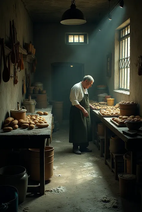  An image of a bakery in a basement with small tall windows with bars,  damp walls and all the dirty and messy kitchen , with tables, bread and flour 