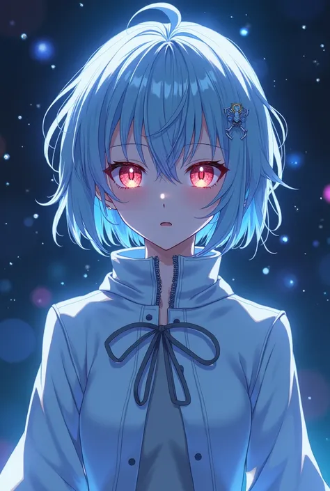 Anime, Rei Ayanami, cosmic enchantress, glowing sclera, hypnotic eyes, ultra detailed, top to bottom, fullbody,