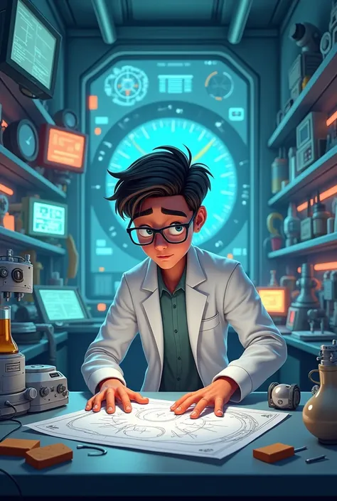 Generate in cinematic 3d cartoon style**
focused young scientist in a high-tech laboratory filled with futuristic equipment, glowing monitors, and a partially built time machine. Raj wears a white lab coat and glasses, surrounded by scattered blueprints an...