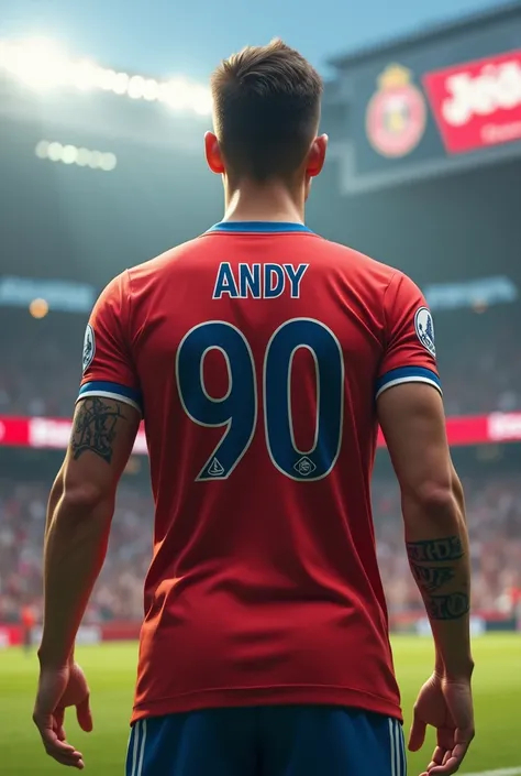 mens youth,  wearing a football shirt with a pointed number ( 90 ),with his last name  ( A n d y),  sponsor on her t-shirt  ( penis  ),  tattoo on written hand ( JESSITA  ) ,rambut model Mullet ,  muscular body ,  Photo angel camera from behind ,  football...