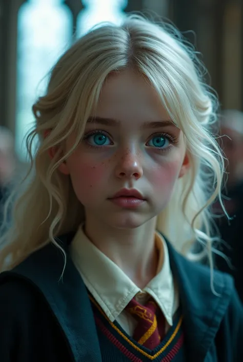 student at Hogwarts, , syrup hair, azure eyes, young girl , Fair skin, realistic, 4k, magic,eyes are so blue, shes wearing a Hogwarts uniform