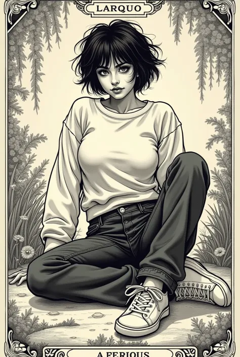 masterpiece, tarot aesthetics, tarot vintage line-art vintage aesthetics, teenage seductive diva, oversize sweatshirt,high-waisted dark washed flared jeans, sneakers,, caught in peril, languid posing, vintage, sexy curious, vintage line-art aesthetics, sho...