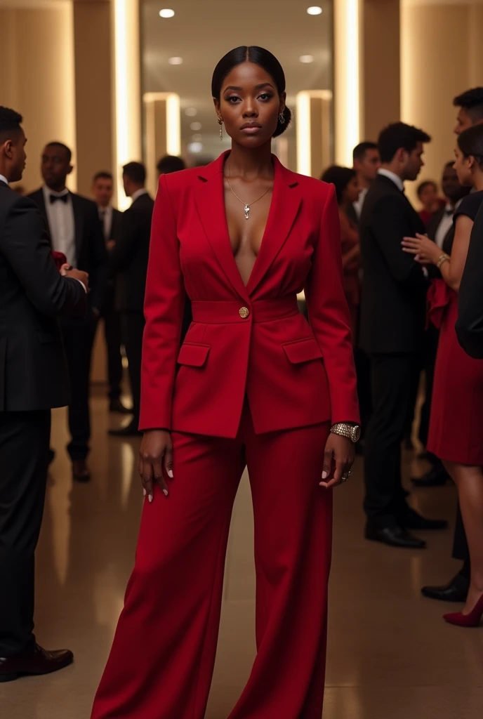 A curvaceous Black woman in a tailored crimson blazer with nothing underneath, paired with high-waisted wide-leg trousers in matching crimson. She accessorizes with stilettos and a statement watch, her hair styled in a polished low bun as she commands atte...