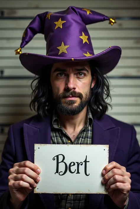 Create a mugshot of a guy aged 35, he has chin long black hair and a dirty purple magicians hat with golden stars, he is not clean shaven. also dark green eyes. shady expression. holding up a sign at chest height saying "Bert"