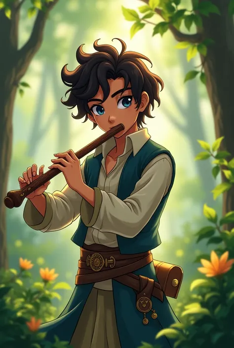 A young male bard,  in her clothes, dark brown curly hair,  dark blue eyes , Author 1 ,75,  Pele Moreninho .  And play a Robin Wody style wooden flute   ( anime style )