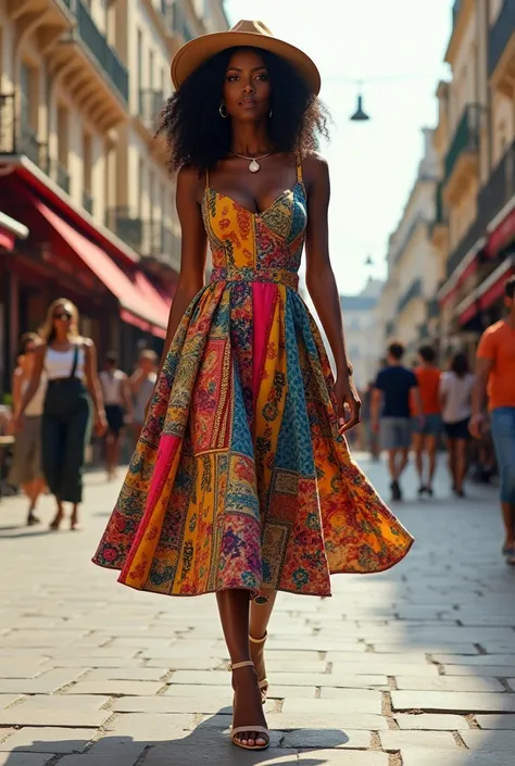 A curvaceous Black woman in a structured tea-length dress made of overlapping patchwork prints, featuring bold stripes, florals, and geometric patterns. She accessorizes with ankle-strap heels and a wide-brimmed hat, her hair styled in natural coils as she...