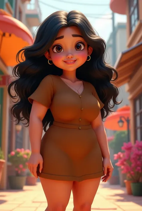  pixar-type poster girl of 20 years old with a chubby build long curly black hair, Skinny eyes with brown dress 