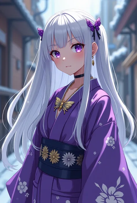 name:  Paula Suzuki
gender :  feminine
age :  17
eye color :  purple with a white sheen
hair color :  white reaches up to your hips
tastes :  a purple and white yukuta
mascot :  a white snake called Hinko is always on its neck
props:  a purple gold butterf...